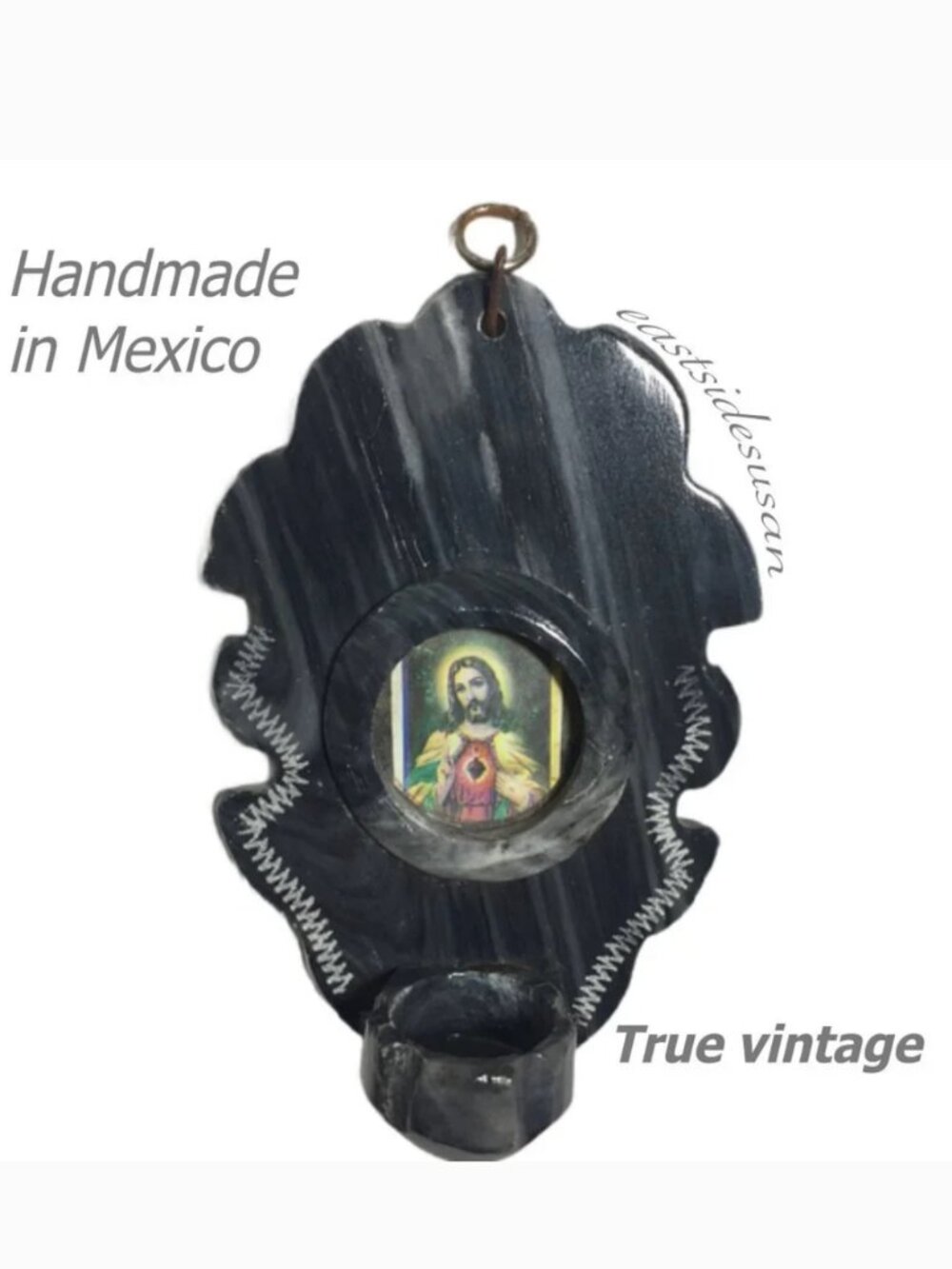 VTG 80s Black Onyx Holy Water or Candle Holder w Catholic Religious Jesus Image